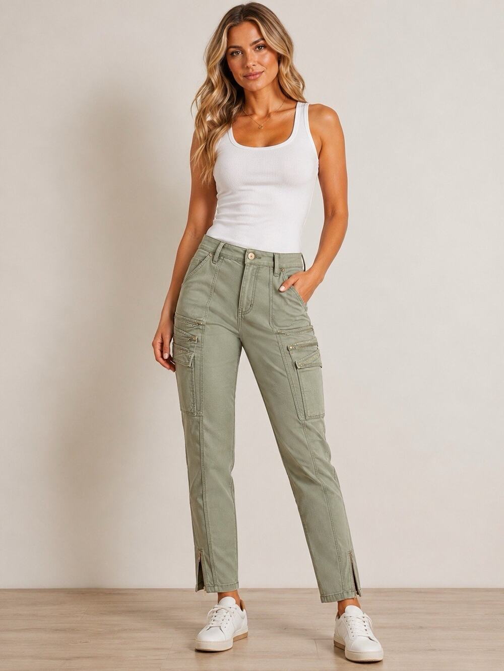 CC2 White House Black Market Women's Sage Green Skinny Crop Moto Zipper Sz 6R